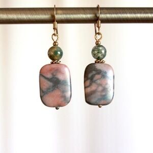 Handmade Rhodonite & Moss Agate Dangle Drop Earrings Bohemian Fairy Cottagecore